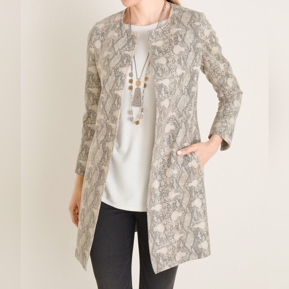 Chicos Womens 1 Medium 8/10 Tunic Jacket Snake Python Print Open Front Pockets